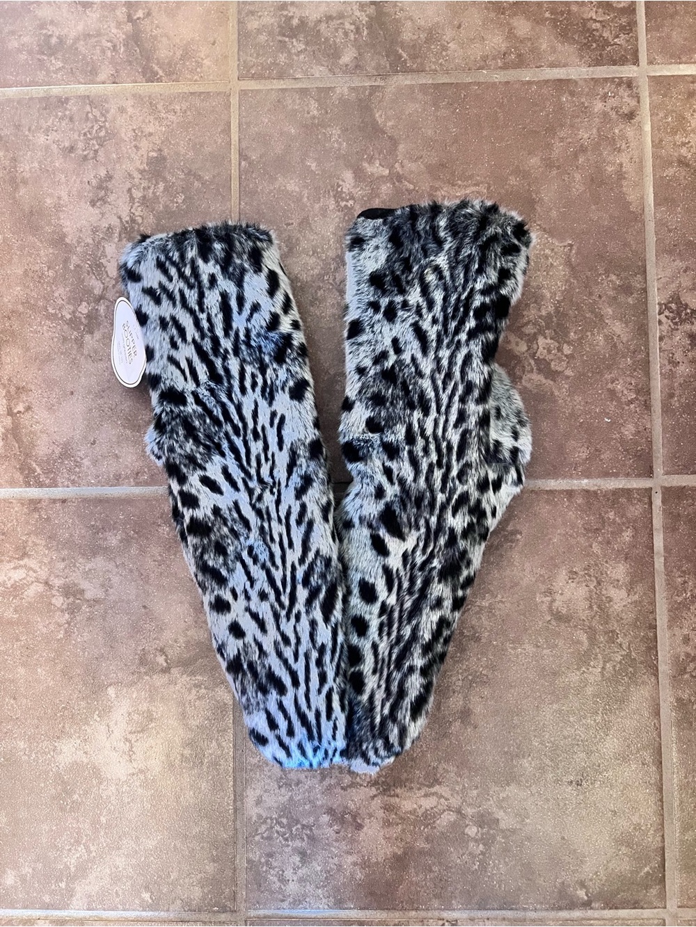 Faux Fur Black & Gray Leopard Print Slipper Booties with Grippers